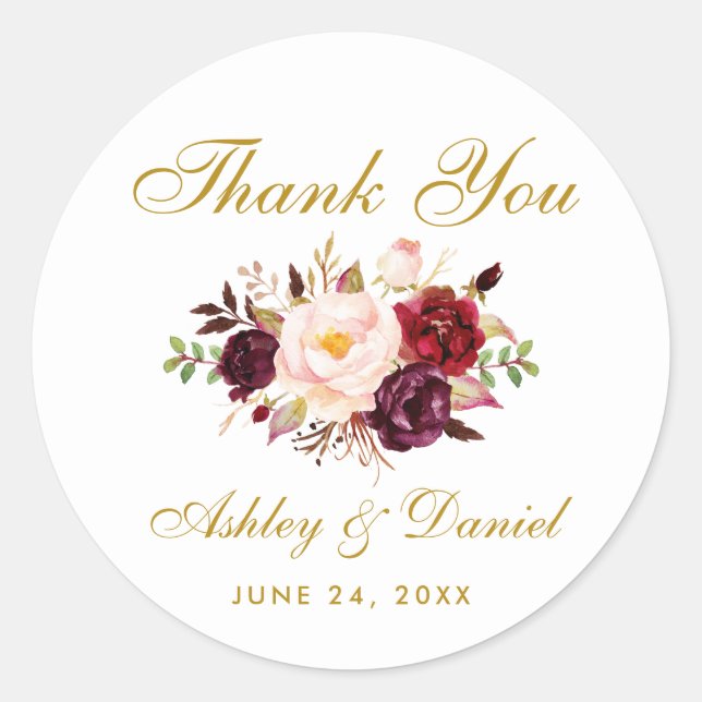 Burgundy Gold Floral Wedding Thank You Classic Round Sticker (Front)