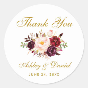 Burgundy Gold Floral Wedding Thank You Classic Round Sticker