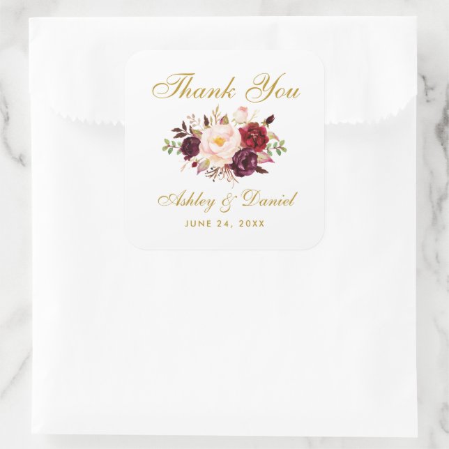 Burgundy Gold Floral Wedding Thank You Sq Square Sticker (Bag)