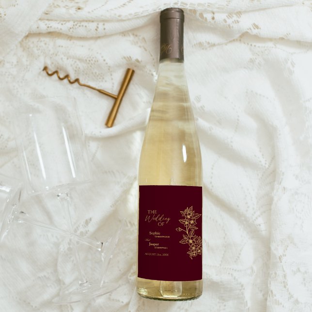 Burgundy Gold Floral Wedding Wine Label (Creator Uploaded)