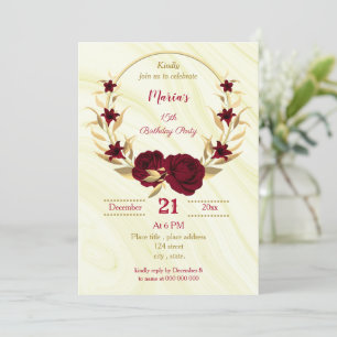 burgundy gold floral wreath birthday Party Invitation