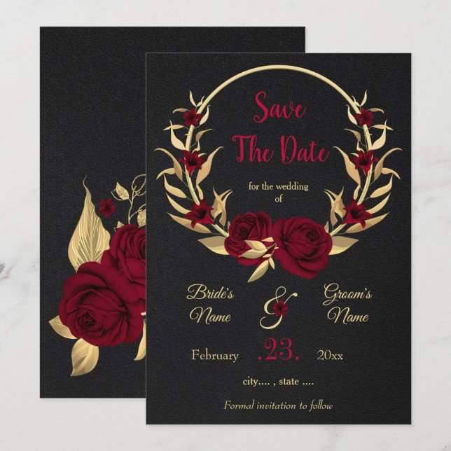 burgundy & gold floral wreath black  save the date (Front/Back)