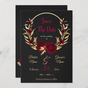 burgundy & gold floral wreath black  save the date