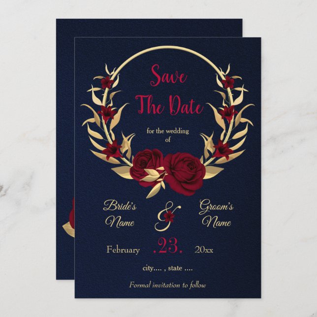 burgundy & gold floral wreath navy blue save the date (Front/Back)
