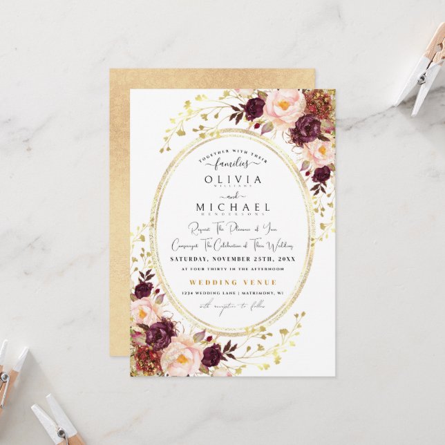 Burgundy Gold Florales Chic Foil Glitter Wedding Invitation (Front/Back In Situ)