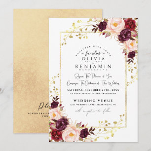 Burgundy Gold Florales Chic Foil Glitter Wedding Invitation
