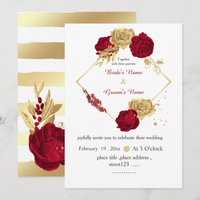 burgundy & gold flowers elegant geometric wedding invitation (Front/Back)