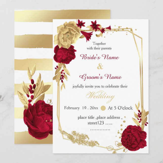burgundy & gold flowers elegant geometric wedding invitation (Front/Back)