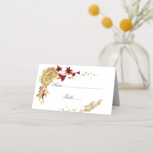 burgundy & gold flowers elegant place card (Front)