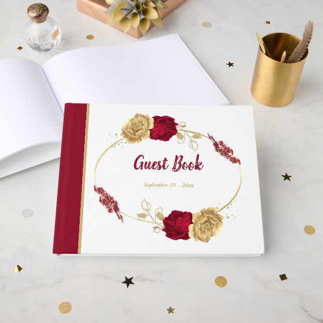 burgundy & gold flowers elegant wedding guest book (Front Open)