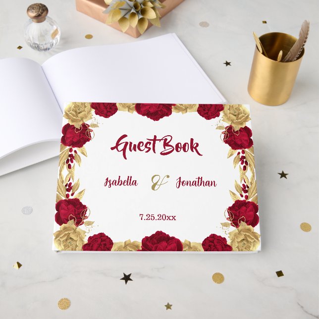 burgundy & gold flowers elegant wedding guest book (Front Open)