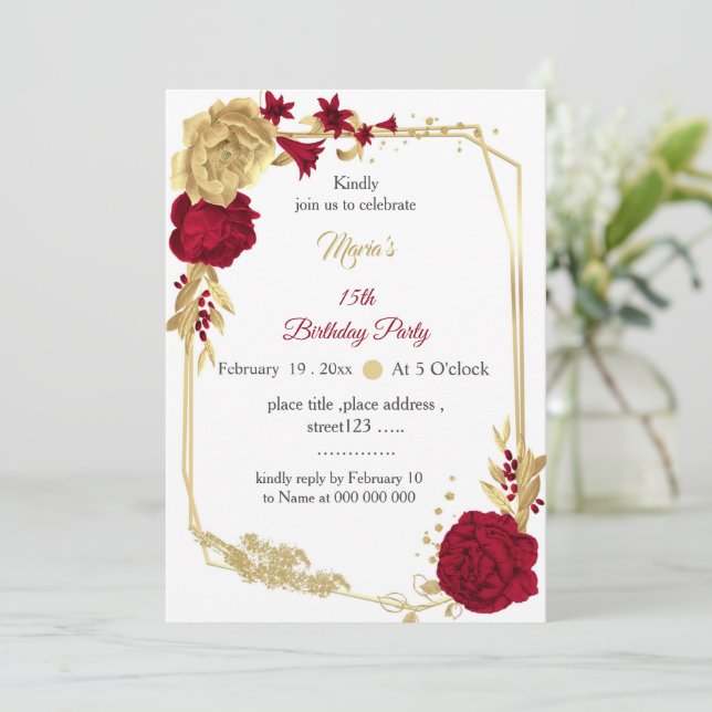 burgundy & gold flowers geometric birthday invitation (Standing Front)