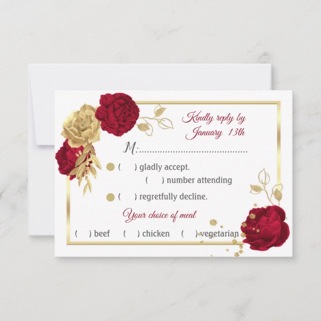 burgundy & gold flowers geometric meal choice RSVP card (Front)