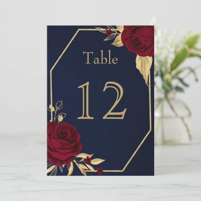 burgundy gold flowers geometric navy table number (Standing Front)