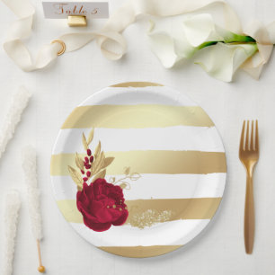 burgundy & gold flowers paper plate