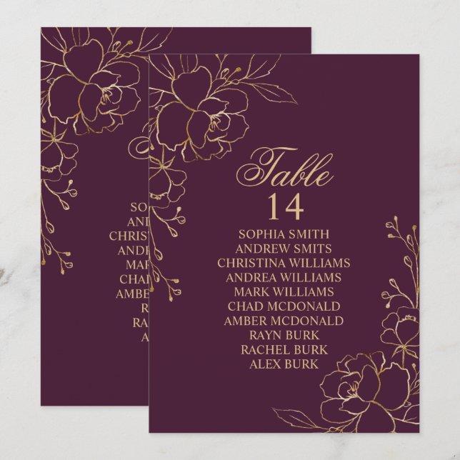 Burgundy & Gold Flowers Seating Chart Cards (Front/Back)