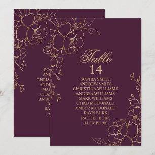 Burgundy & Gold Flowers Seating Chart Cards