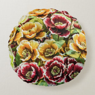 Burgundy Gold Flowers - Vibrant Floral Decor Round Cushion