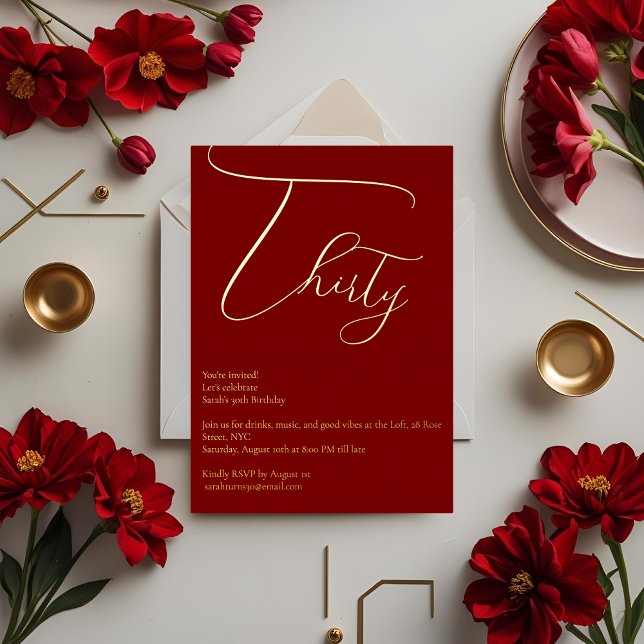 Burgundy & Gold Foil 30th Birthday Invitation (Creator Uploaded)