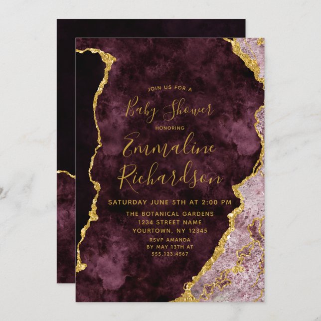 Burgundy & Gold Foil Agate Baby Shower Invitation (Front/Back)
