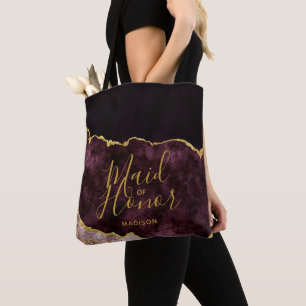 Burgundy & Gold Foil Agate Marble Maid of Honour Tote Bag