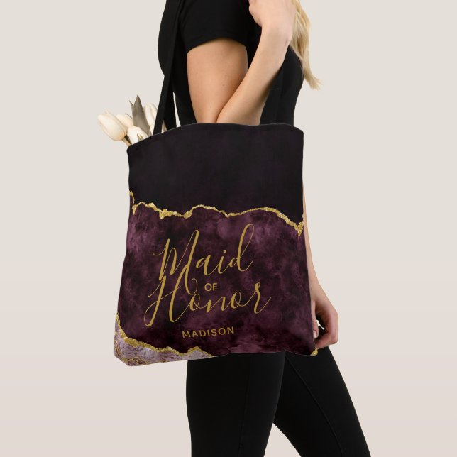 Burgundy & Gold Foil Agate Marble Maid of Honour Tote Bag (Close Up)