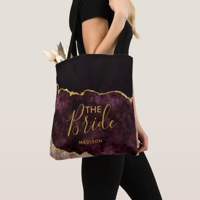 Burgundy & Gold Foil Agate Marble the Bride Tote Bag (Close Up)
