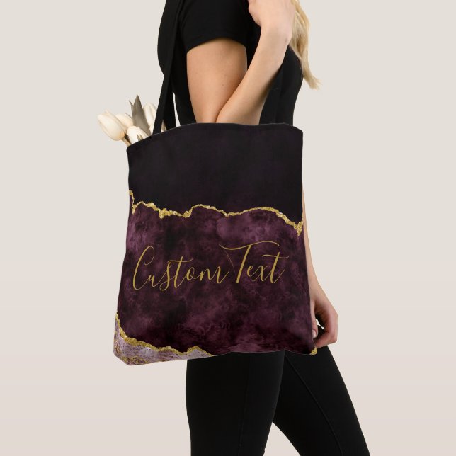 Burgundy & Gold Foil Chic Marble Agate Custom Text Tote Bag (Close Up)