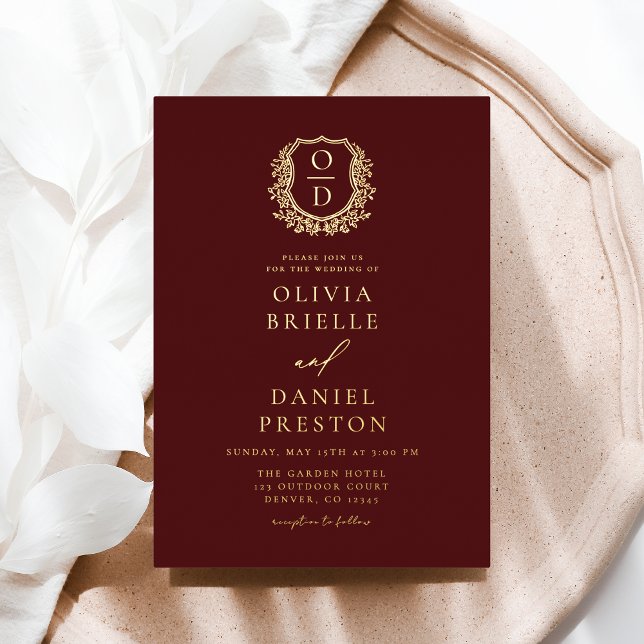 Burgundy Gold Foil Crest Monogram Wedding (Creator Uploaded)