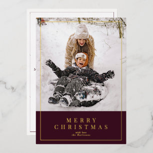 Burgundy gold foil Merry Christmas family photo  Holiday Card