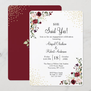 Burgundy Gold Foil She Said Yes Engagement Party Invitation