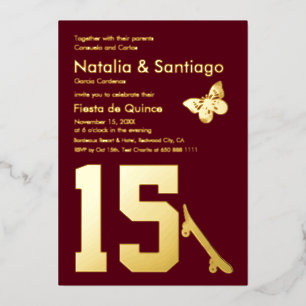 Burgundy Gold Foil Twins 15 Birthday Invitation