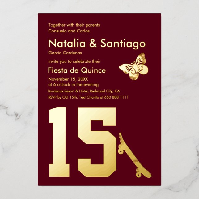 Burgundy Gold Foil Twins 15 Birthday Invitation (Front)