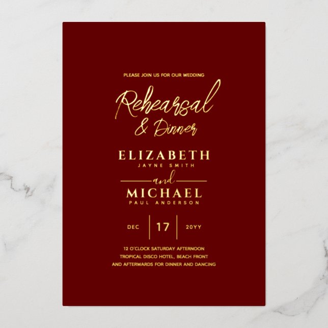 Burgundy Gold Foil Wedding Rehearsal and Dinner (Front)