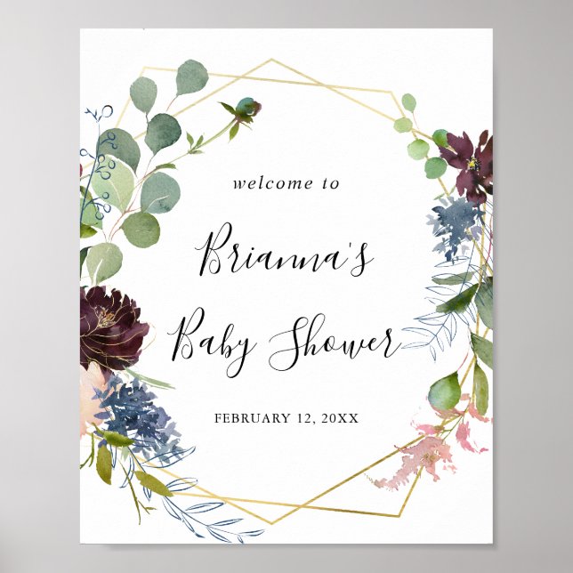 Burgundy Gold Geometric Baby Shower Welcome Poster (Front)