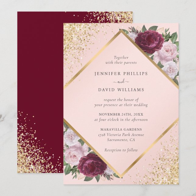 Burgundy Gold Geometric Blush Pink Floral Wedding Invitation (Front/Back)