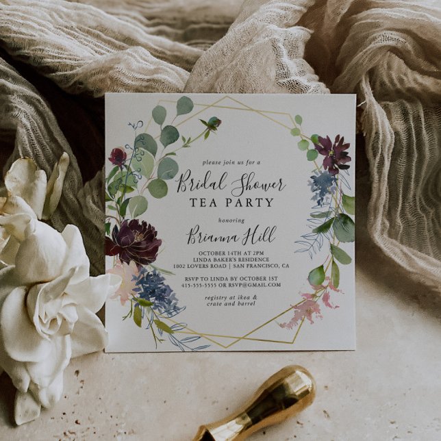 Burgundy Gold Geometric Bridal Shower Tea Party Invitation (Creator Uploaded)