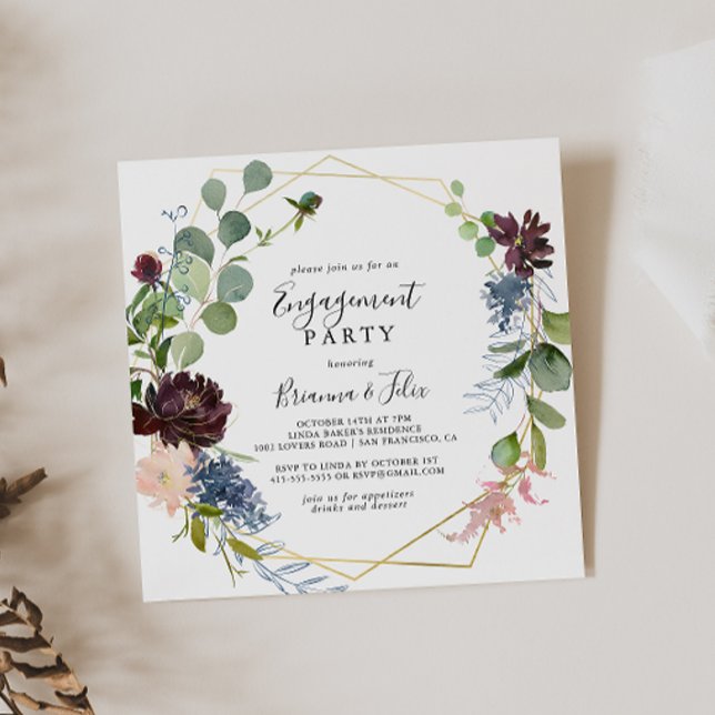 Burgundy Gold Geometric Engagement Party Invitation (Creator Uploaded)