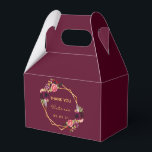 Burgundy gold geometric florals name favour box<br><div class="desc">Front and back: A chic burgundy background with a faux gold geometric frame. Decorated with dark purple and burgundy flowers, roses and boho style feathers. Golden hand lettered style script and the text: Thank You, templates for a name and a date. Perfect for a Birthday Party, Bridal Shower or Baby...</div>