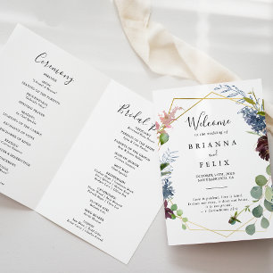 Burgundy Gold Geometric Folded Wedding Programme