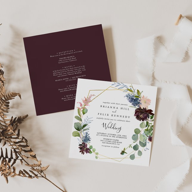 Burgundy Gold Geometric Front & Back Wedding Invitation (Creator Uploaded)