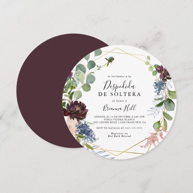 Burgundy Gold Geometric Spanish Bridal Shower Invitation (Front/Back)