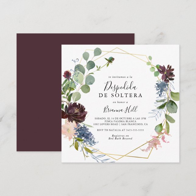 Burgundy Gold Geometric Spanish Bridal Shower Invitation (Front/Back)