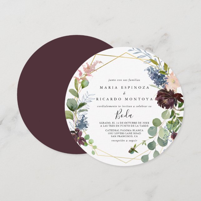 Burgundy Gold Geometric Spanish Wedding Invitation (Front/Back)