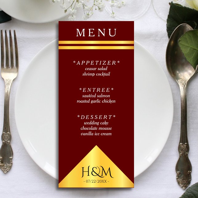Burgundy & Gold Geometric Stripe Wedding Reception Menu (burgundy red and gold wedding menu)