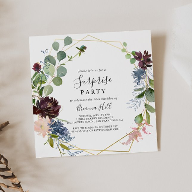 Burgundy Gold Geometric Surprise Party Invitation (Creator Uploaded)