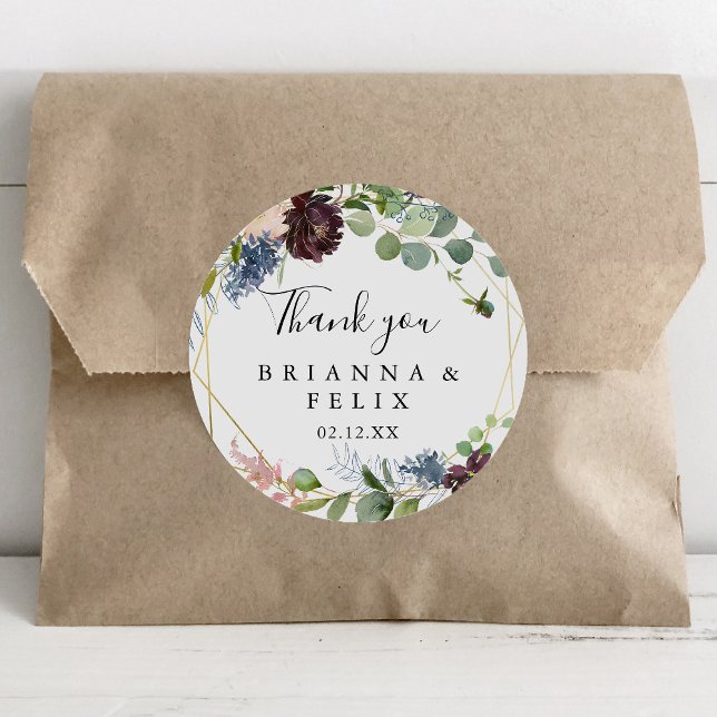 Burgundy Gold Geometric Thank You Wedding Favour Classic Round Sticker (Creator Uploaded)