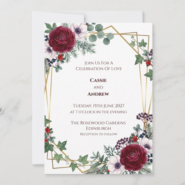 Burgundy Gold Geometric Wedding Invitation (Front)