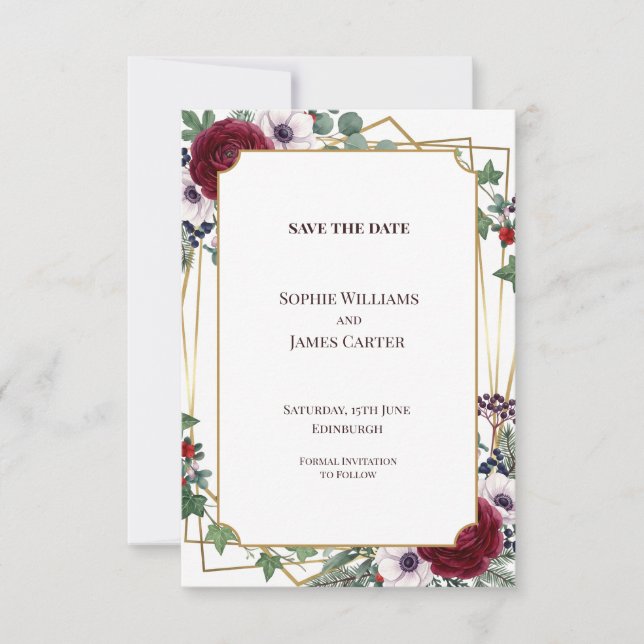 Burgundy Gold Geometric Wedding Save The Date (Front)