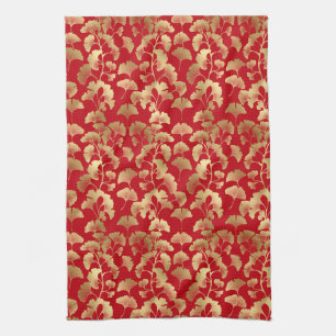 Burgundy Gold Ginkgo with Japanese Elegance Tea Towel